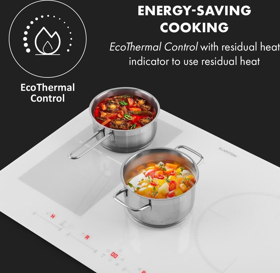 Klarstein Delicatessa 77 Hybrid Inbouw Kookplaat Inductie 4 Zones Varioheating Thermoboost Functie Timer 7000W Kinder- en Overhittingsbeveiliging Flexzone Elegant Praktisch Glaskeramisch Oppervlak Energiebesparend Wit