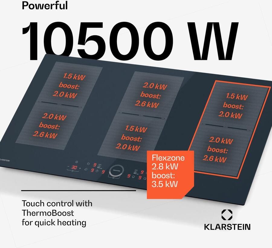 Klarstein Delicatessa 90 inductiekookplaat – 6-zone inbouwkookplaat 10.500 W met flexzone en boosters schuifregelaar timer en kinderslot zwart glaskeramisch design van 90 cm - Foto 4