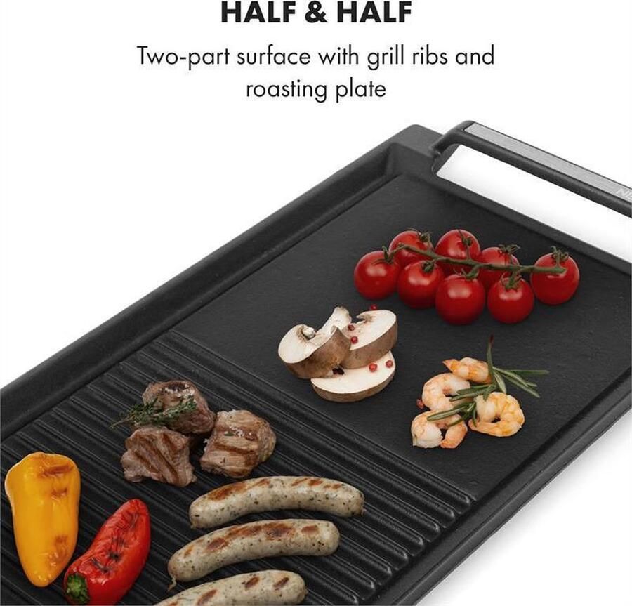 Klarstein Delicatessa Grillpan Grillplaat voor inductiekookplaten Accessoire Kookvlak: 43 5 x 23 cm Half & half: bakplaat en grillribbels Antiaanbaklaag IJzer zwart