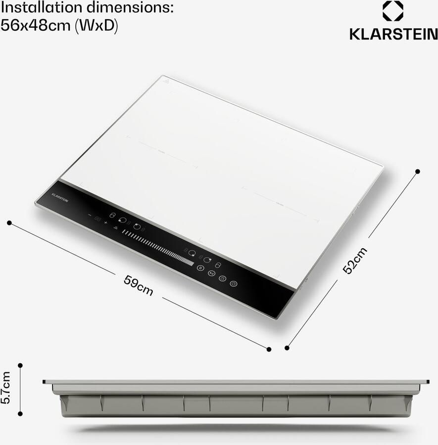 Klarstein DualTone Flex Inductiekookplaat 4-zones inductiekookplaat 7200 W Flex-zones Schuifregelaar & timer Thermoboost Wit Aluminium frame 59 cm design