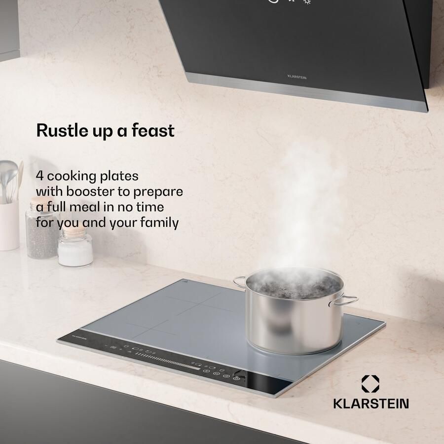 Klarstein DualTone Hybrid Induktionskochfeld 4 Zonen Induktionsherd 7200 W Flex Zone & Booster Schieberegler Timer Warmhaltefunktion Aluminiumrahmen Silber 60 cm Design – geschikt voor thuisfitness en sportschoolgebruik duurzame constructie