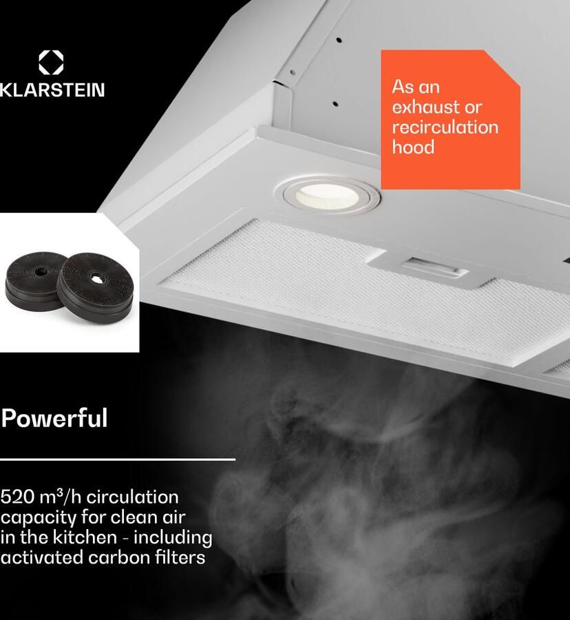 Klarstein Dunstabzugshaube Abluft Umluft-Dunstabzugshaube mit Filter LED-Beleuchtung Timer & Touch-Bedienfeld Leise Einbau-Abzugshaube mit 520 m³ h Luftstrom Effizienter Edelstahl-Dunstabzug
