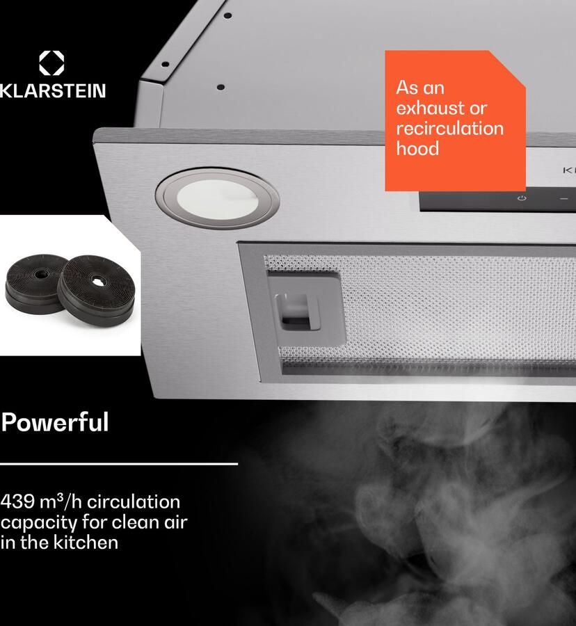 Klarstein Kookplaat afzuigkap afzuiging recirculatie-afzuigkap met Filter LED-verlichting Timer & Touch-bedieningspaneel inbouw-afzuigkap met 439 m³ h Luftstrom Effizienter rvs-Dunstabzug voor Keuken Kookveld Cooktop Hob - Foto 4