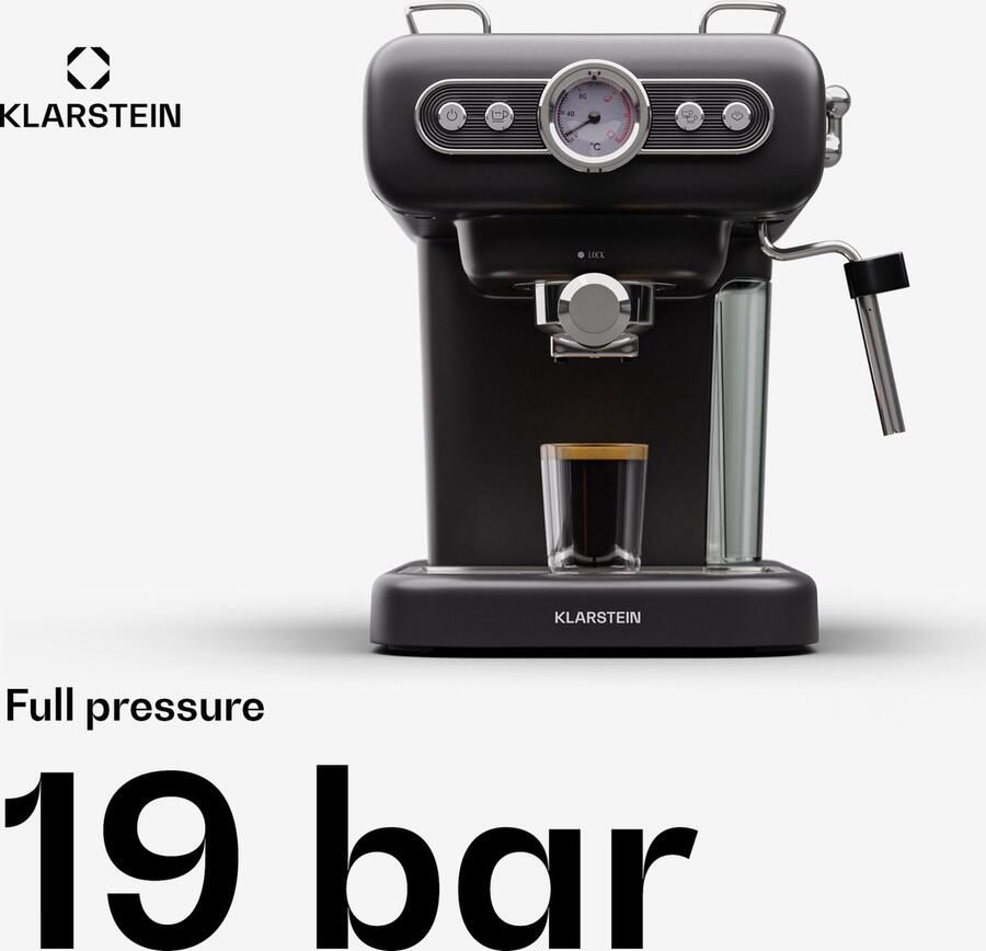 Klarstein Espresso Portafilter Machine met Melkopschuimer 1 -2 L Retro Mini Espresso Machine met Portafilter 950 W Klein Koffiezetapparaat Roestvrij Staal Koffiezetapparaat voor Cappuccino Zwart