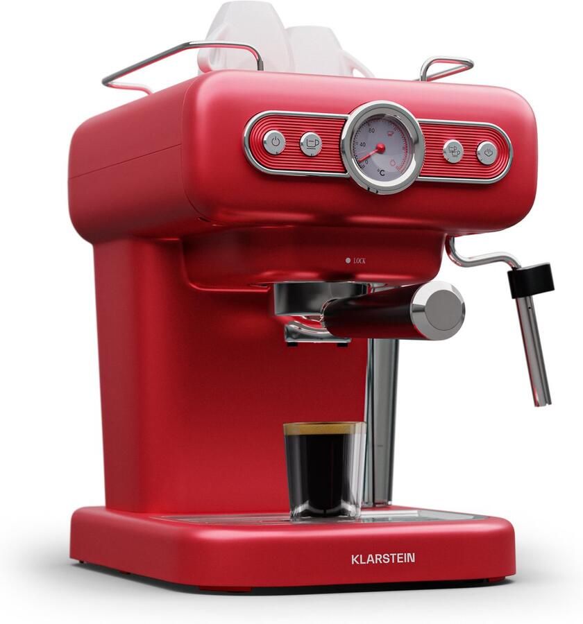 Klarstein Espresso Siebträgermaschine met Milchaufschäumer 1 2L Retro Mini Espressomaschine met Siebträger 950 W Kaffeemaschine Klein Edelstahl Kaffeemaschine voor Cappuccino Latte & Macchiato – geschikt voor thuisfitness en sportschoolgebruik d