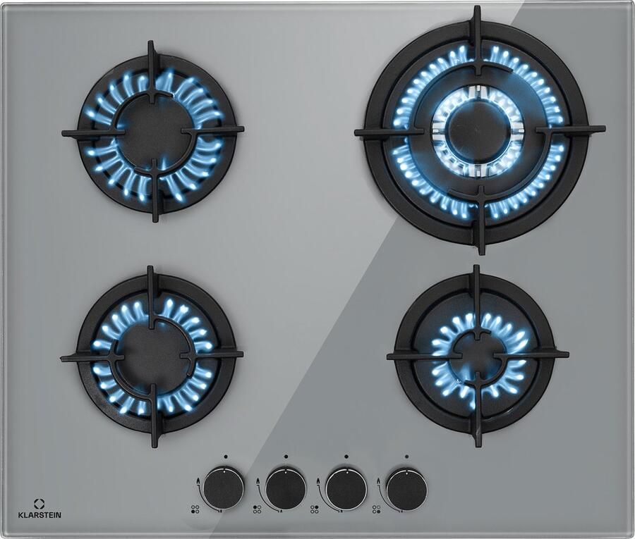 Klarstein Firetale Gaskookplaat 4-pits Zelfvoorzienend 60 cm Inbouw Aluminium branders Aardgas Propaangas Veiligheidsventiel Automatische uitschakeling Gietijzeren pannendrager Grijs