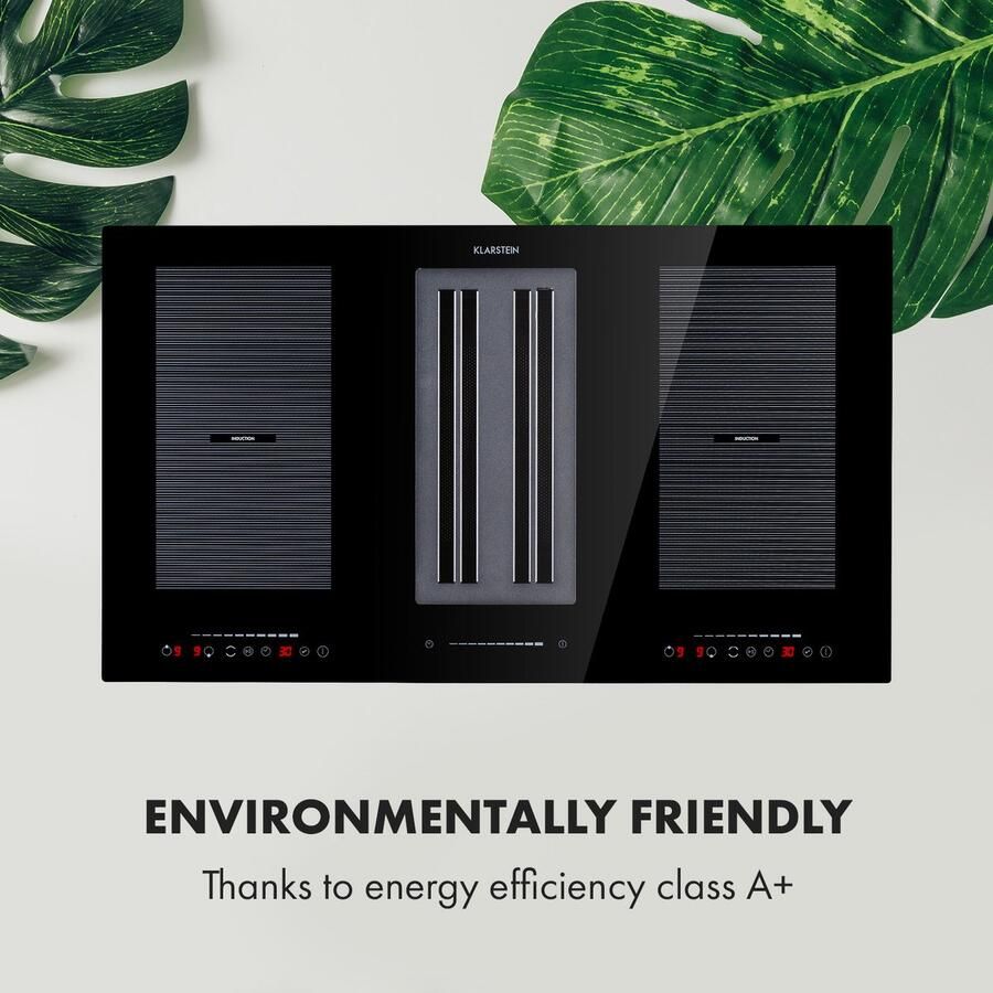 Klarstein Inductiekookplaat Full House 2.0 Down Air systeem + Afzuigkap 271 m³ h Roestvrijstaal & glas Zwart 7000W 52 cm Inbouw voor Keuken Touch Timer Flexzone Kinderslot 9 Standen Aluminium Vetfilter Induction Hob