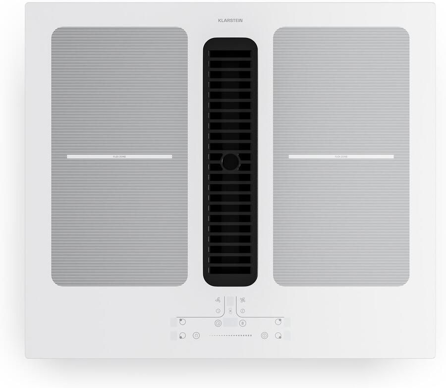 Klarstein Full House inductiekookplaat met afzuiging 60 cm 4 zones flexzones 7335 W boost geïntegreerde downdraft afzuiging 530m³ h touch control timer kinderslot glaskeramiek wit