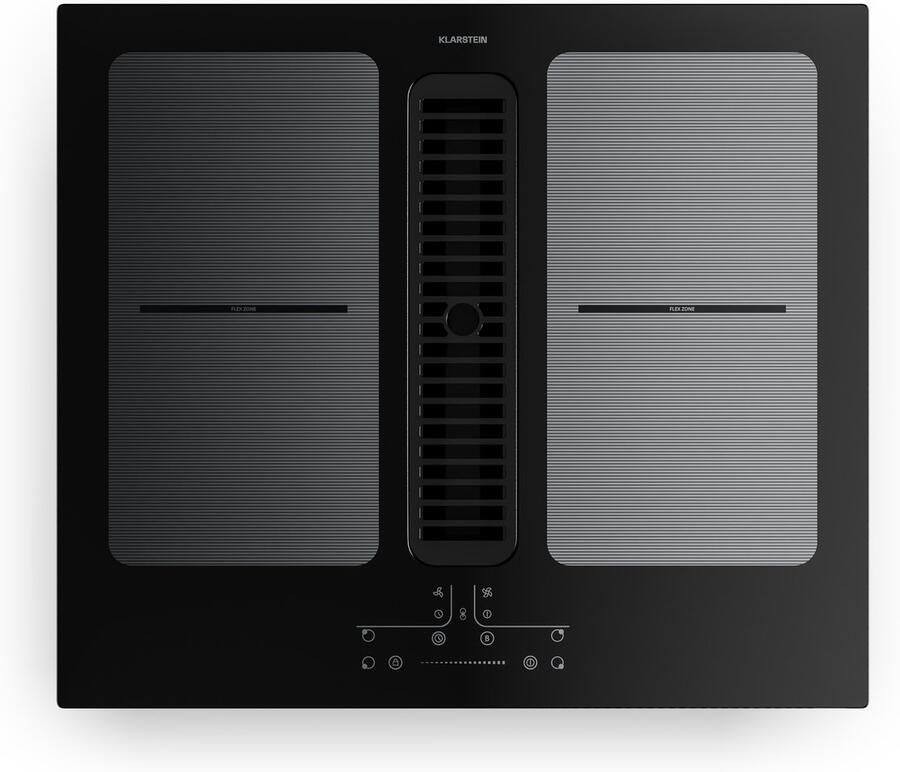 Klarstein Full House inductiekookplaat met afzuiging 60 cm 4 zones flexzones 7335 W boost geïntegreerde downdraft afzuiging 530m³ h touch control timer kinderslot glaskeramiek zwart