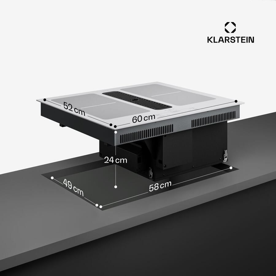 Klarstein Full House inductiekookplaat met afzuiging 60 cm 4 zones flexzones 7335 W boost geïntegreerde downdraft afzuiging 530m³ h touch control timer kinderslot glaskeramiek wit