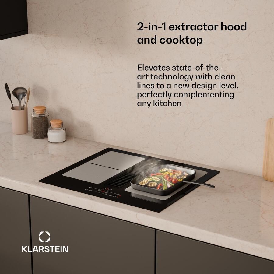 Klarstein Full House inductiekookplaat met afzuiging 60 cm 4 zones flexzones 7335 W boost geïntegreerde downdraft afzuiging 530m³ h touch control timer kinderslot glaskeramiek zwart