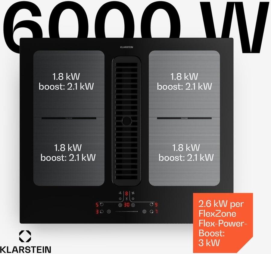 Klarstein Inductiekookplaat Full House met afzuiging 60 cm 4 zones flexzones 7335 W boost geïntegreerde downdraft afzuiging 530m³ h touch control timer kinderslot glaskeramiek zwart Induction Hob Inductie Kookveld - Foto 2
