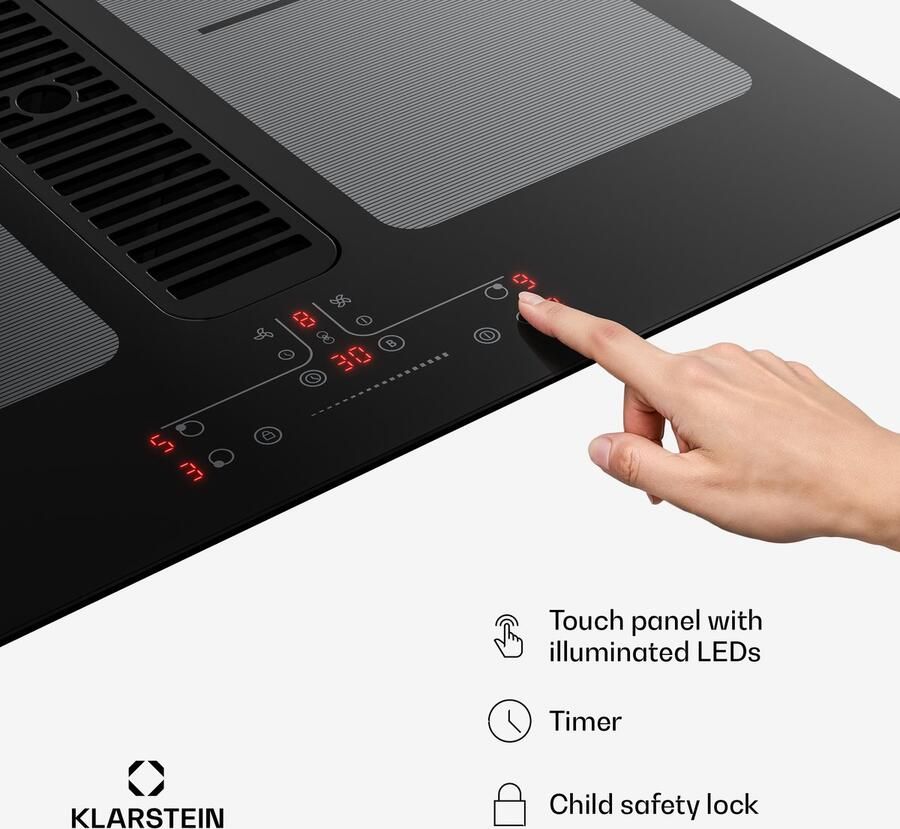 Klarstein Inductiekookplaat Full House met afzuiging 60 cm 4 zones flexzones 7335 W boost geïntegreerde downdraft afzuiging 530m³ h touch control timer kinderslot glaskeramiek zwart Induction Hob Inductie Kookveld - Foto 3