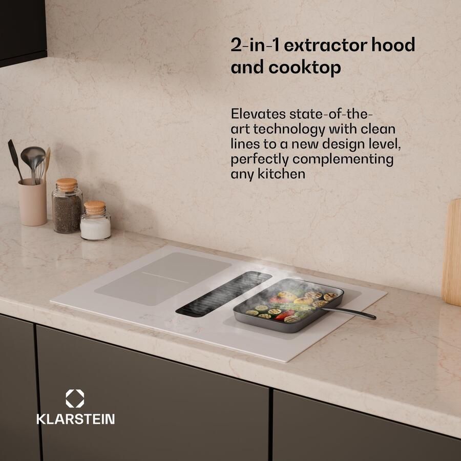 Klarstein Full House inductiekookplaat met afzuiging 70 cm 4 zones flexzones 7335 W boost geïntegreerde downdraft afzuiging 530m³ h touch control timer kinderslot glaskeramiek inbouw wit - Foto 3