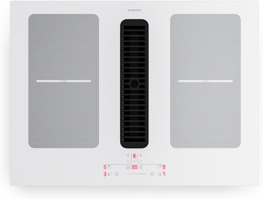 Klarstein Full House inductiekookplaat met afzuiging 70 cm 4 zones flexzones 7335 W boost geïntegreerde downdraft afzuiging 530m³ h touch control timer kinderslot glaskeramiek inbouw wit
