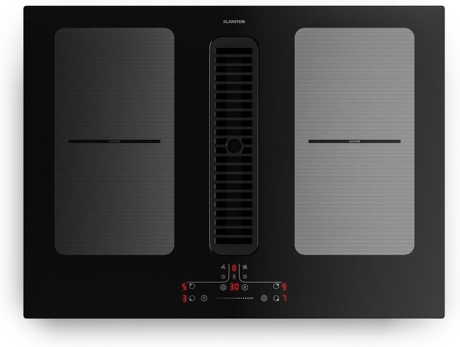 Klarstein Full House inductiekookplaat met afzuiging 70 cm 4 zones flexzones 7335 W boost geïntegreerde downdraft afzuiging 530m³ h touch control timer kinderslot glaskeramiek inbouw zwart