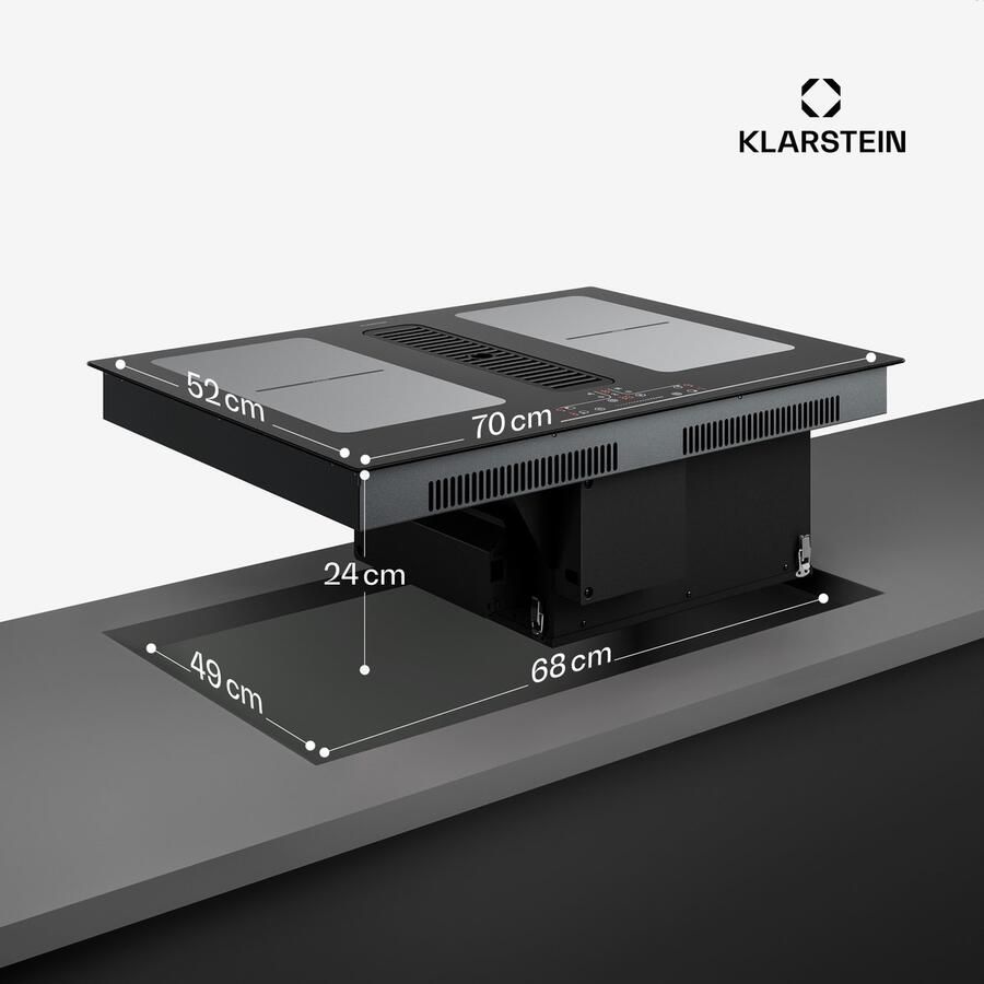 Klarstein Full House inductiekookplaat met afzuiging 70 cm 4 zones flexzones 7335 W boost geïntegreerde downdraft afzuiging 530m³ h touch control timer kinderslot glaskeramiek inbouw zwart - Foto 1