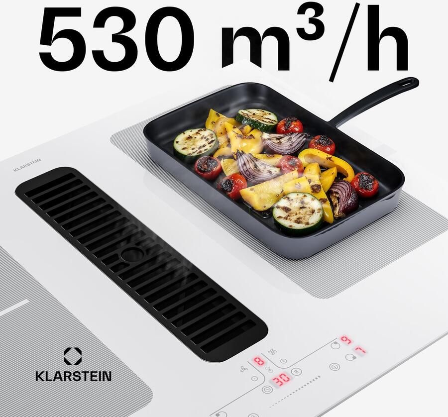 Klarstein Full House inductiekookplaat met afzuiging 70 cm 4 zones flexzones 7335 W boost geïntegreerde downdraft afzuiging 530m³ h touch control timer kinderslot glaskeramiek inbouw wit