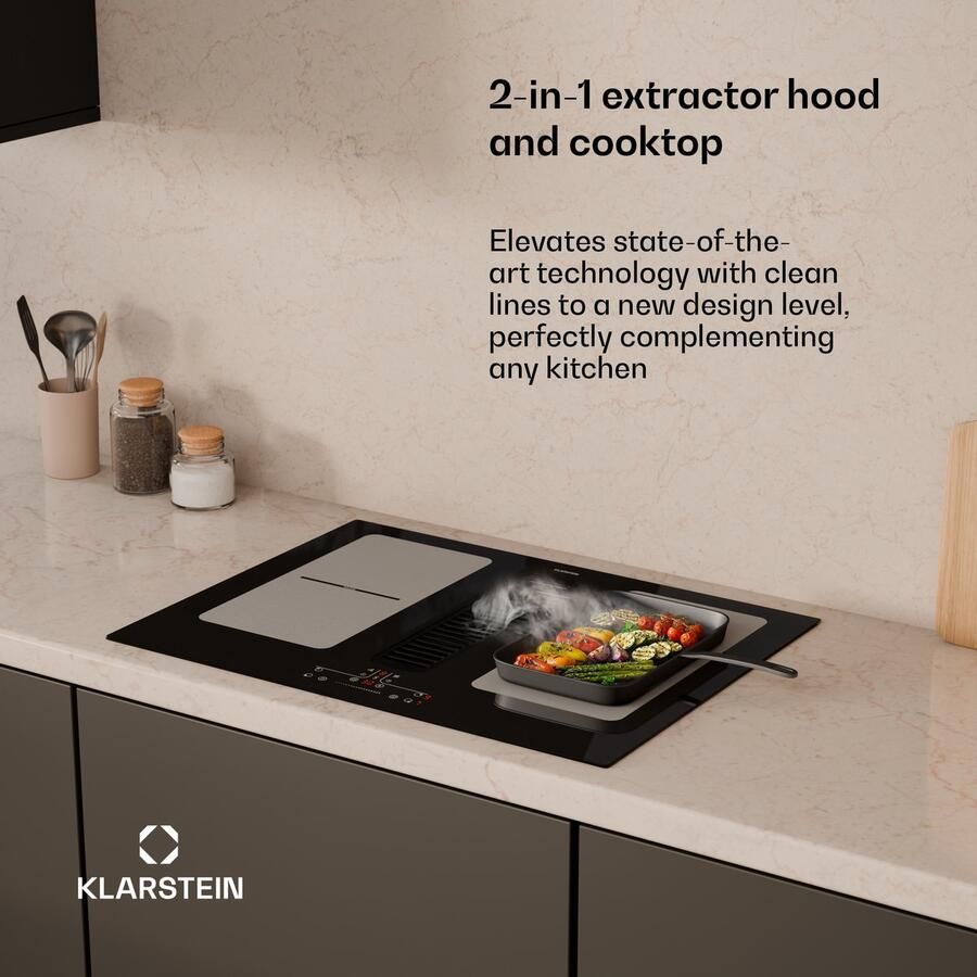 Klarstein Inductiekookplaat Full House met afzuiging 70 cm 4 zones flexzones 7335 W boost geïntegreerde downdraft afzuiging 530m³ h touch control timer kinderslot glaskeramiek inbouw zwart Induction Hob - Foto 2