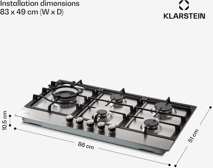 Klarstein Gasherd Gaskochfeld 5 Flammen Einbau Gaskocher voor Zuhause & Wohnmobil Edelstahl Campingkocher Gasherd voor Propan en Erdgas Gas Herdplatte met Wok Brenner Gas Kocher 11100 Watt – geschikt voor thuisfitness en sportschoolgebruik duu - Foto 2