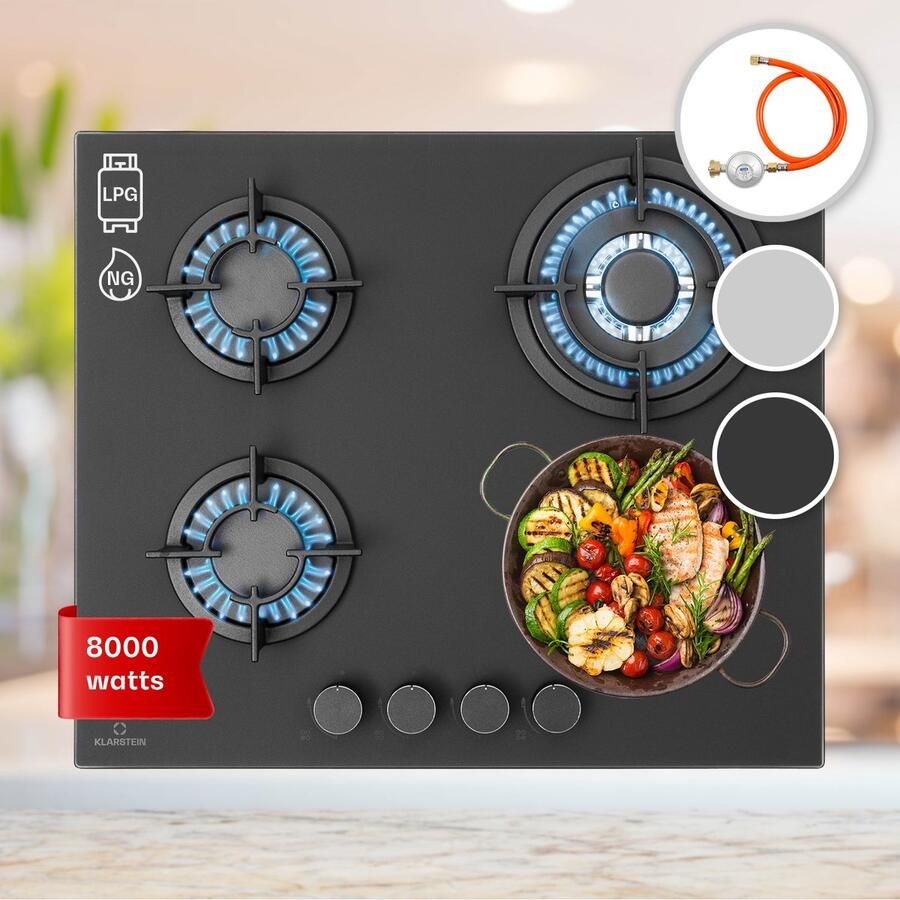 Klarstein Gasherd Einbau Gasherd voor Propan Gasflasche Gaskochfeld 4 Flammig Gasherd voor Küche Camping & Wohnmobil 8000 W Kochplatte LPG Gaskocher Herdplatte voor Propangas Edelstahl Gas Herd – geschikt voor thuisfitness en sportschoolgebru