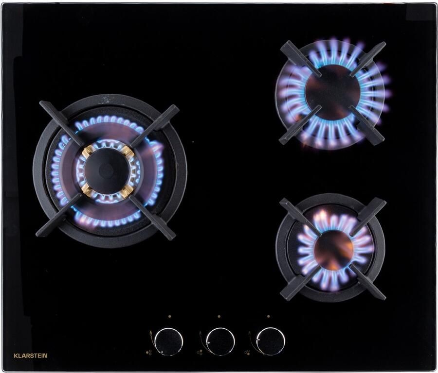 Klarstein Gaskookplaat Goldflame 3-pits autark 60 cm (B) Inbouw Brander Aardgas Propaangas Veiligheidsventiel Bescherming vlamuitval Gietijzeren pannendrager Glaskeramiek Zwart 2 kW 50 cm Gas Hob