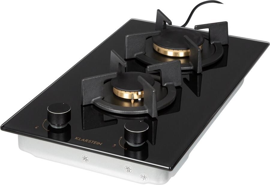 Klarstein Goldflame Domino Gaskookplaat 4200 W 2 Pitten Messing Branders Glaskeramisch Oppervlak Comfortabele Bediening Met Snap Jet-Ignition Eenvoudige Reiniging Energiebesparend Alles Inclusief Veilig En Praktisch Zwart