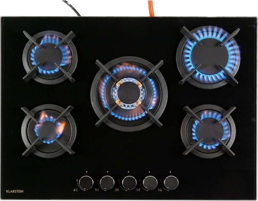Klarstein Goldflame Domino Gaskookplaat 5 Pitten 10400 W Branders Glaskeramisch Oppervlak Comfortabele Bediening Met Snap Jet-Ignition Eenvoudige Reiniging Energiebesparend Alles Inclusief Veilig En Praktisch Zwart - Foto 2