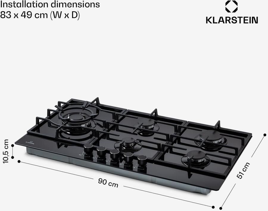 Klarstein Ignito Chef Edition 5 Zones Gaskookplaat 5-Pits Zelfstandig 90 Cm Inbouw Sabaf Branders Aardgas Propaangas Veiligheidsventielen Automatische Uitschakeling Gietijzeren Pannendrager Wok-Hulpstuk Glaskeramiek Zwart - Foto 4
