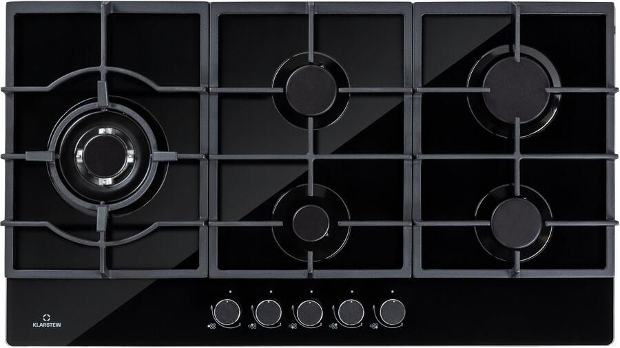 Klarstein Gaskookplaat Ignito Chef Edition 5 Zones 5-Pits Zelfstandig 90 Cm Inbouw Sabaf Branders Aardgas Propaangas Veiligheidsventielen Automatische Uitschakeling Gietijzeren Pannendrager Wok-Hulpstuk Glaskeramiek Zwart