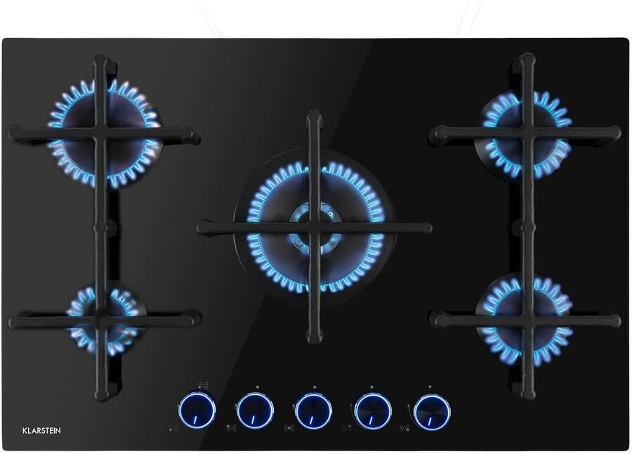 Klarstein Illuminosa 5 Gaskookplaat 5 Pitten Sabaf-Brander Glaskeramisch Oppervlak Gelijkmatige Hitteverdeling Elektrische Ontsteking Praktisch En Elegant Energiezuinig Klassiek Gietijzeren Look Intuïtieve Bediening Zwart - Foto 3