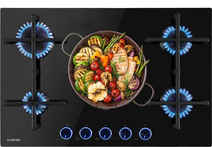 Klarstein Illuminosa 5 Gaskookplaat 5 Pitten Sabaf-Brander Glaskeramisch Oppervlak Gelijkmatige Hitteverdeling Elektrische Ontsteking Praktisch En Elegant Energiezuinig Klassiek Gietijzeren Look Intuïtieve Bediening Zwart - Foto 4