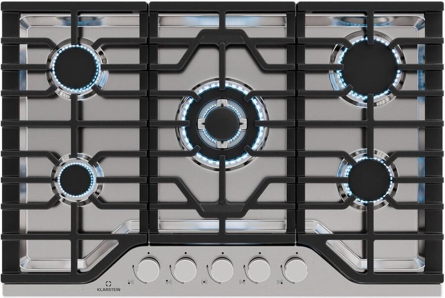 Klarstein Gaskookplaat Turbocast – 5 branders roestvrij staal 304 3 4 kW wokbrander gietijzeren pannendragers elektrische ontsteking veiligheidsuitschakeling LPG-ombouwset gaskookplaat 750 × 500 mm Inbouw Gas Hob