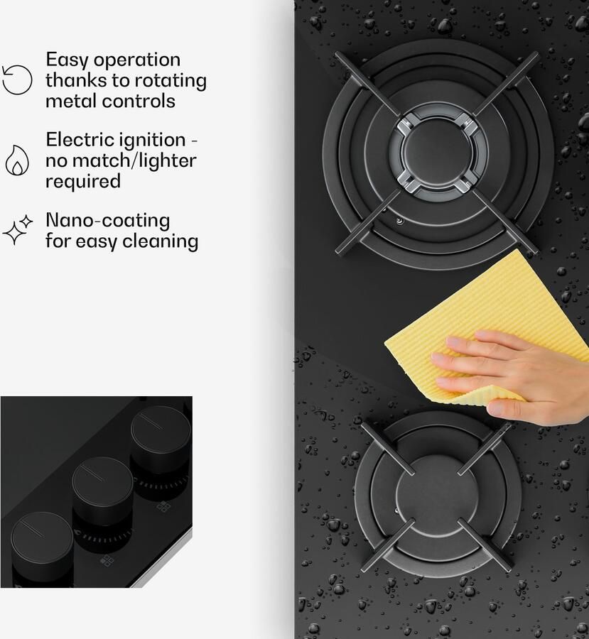 Klarstein Gaskookplaat Velaire 60 cm glas 4 pitten 8000 W LPG en aardgas elektrische ontsteking vlambeveiliging makkelijk schoon te maken nanocoating kookplaatkeukenaccessoire zwart voor Keuken Gas Hob Gas Kookveld