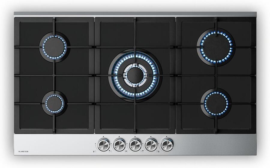 Klarstein Gaskookplaat Verosteel 90 cm 5 pitten 10400 W glas en roestvrij staal LPG aardgas elektrische ontsteking vlambeveiliging draaiknoppen kookplaatkeukenaccessoire voor Keuken Zwart Gas Hob Gas Kookveld