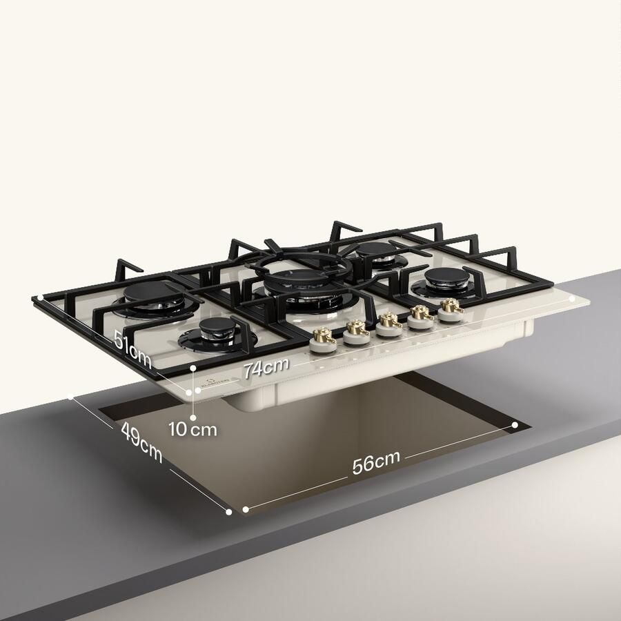 Klarstein Victoria 5 Gaskookplaat 5-Pits Zelfstandig 74 Cm Inbouw Sabaf Branders Aardgas Propaangas Veiligheidsventiel Automatische Uitschakeling Elektrische Ontsteking Gietijzeren Pannendrager Glaskeramiek Retro-Look Ivoor