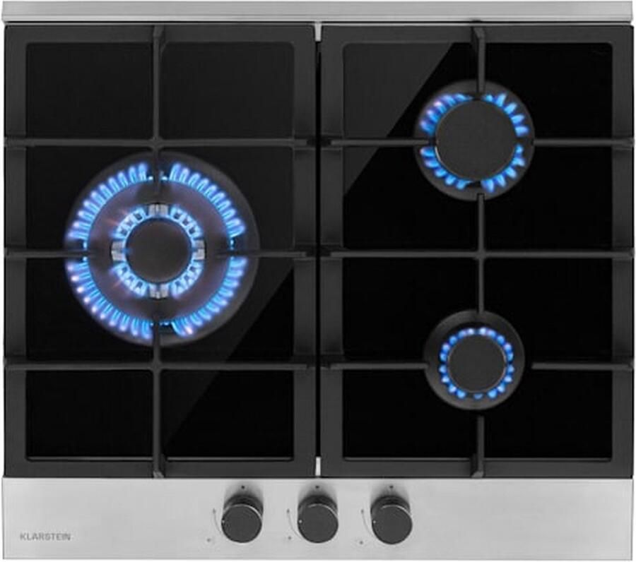 Klarstein Alchemist 3 Gaskookplaat 3-pits Autonoom 60 cm breed Inbouw Aluminium Brander Aardgas Propaangas Veiligheidsventiel vlamuitvalbeveiliging Gietijzeren pannendrager Glaskeramiek RVS Zwart