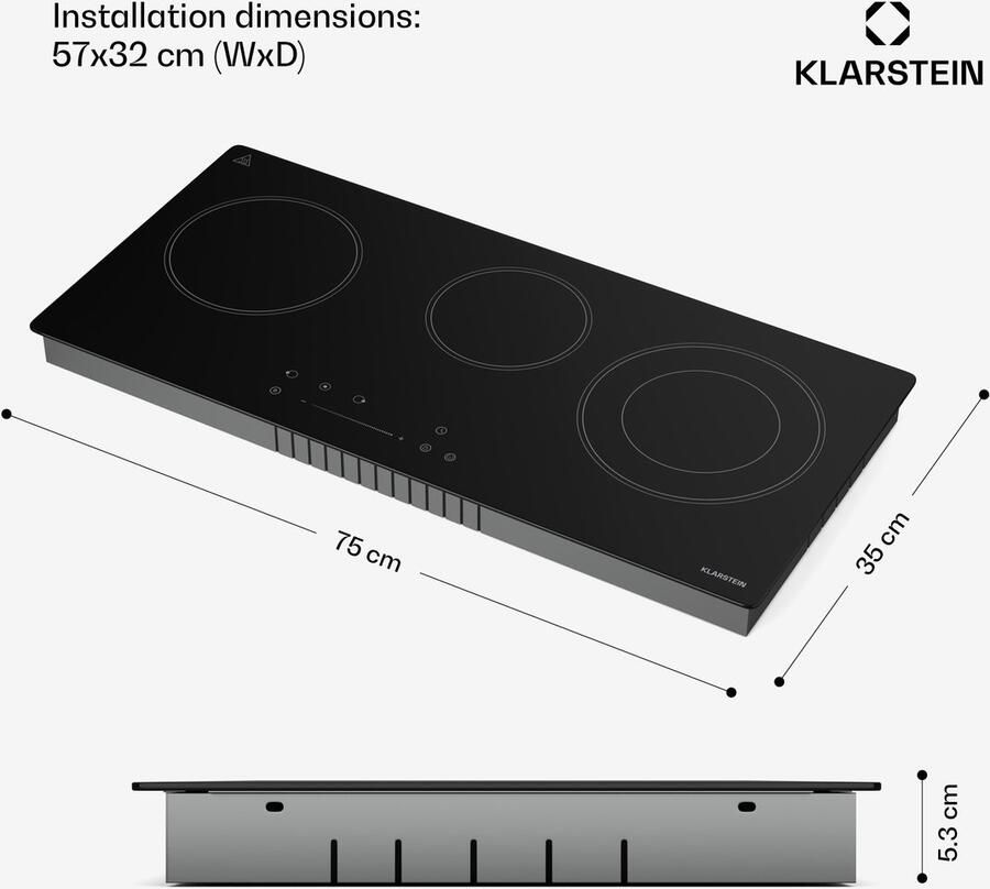 Klarstein Glaskeramikkochfeld 75 cm Slimline 3 Zonen VTC Kochfeld Mit Touch Bedienung Digitaler Timer & Kindersicherung – Platzsparendes Keramik Kochfeld Für Kompakte Küchen – geschikt voor thuisfitness en sportschoolgebruik duurzame constructie