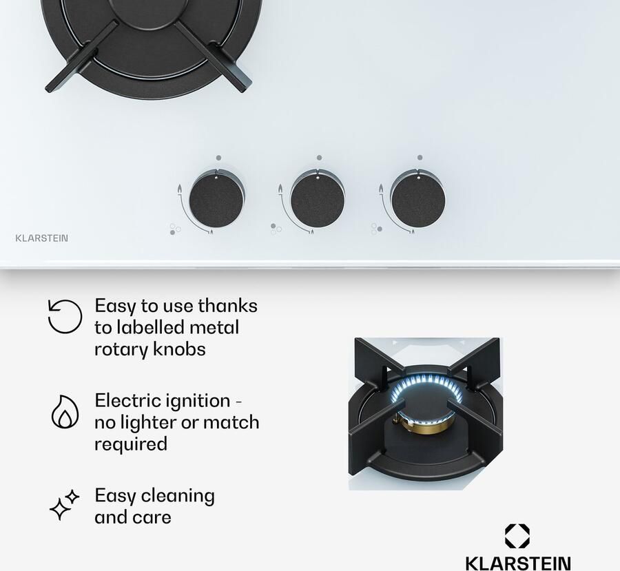 Klarstein Goldflame gasfornuis 3 branders 5800 W gehard glas en messing LPG aardgas automatische ontsteking vlambeveiliging compact 45 x 52 cm makkelijk schoon te maken slang- en regelaarset