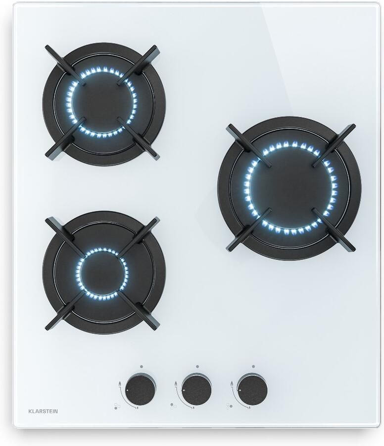 Klarstein Goldflame gasfornuis 3 branders 5800 W gehard glas en messing LPG aardgas automatische ontsteking vlambeveiliging compact 45 x 52 cm makkelijk schoon te maken slang- en regelaarset