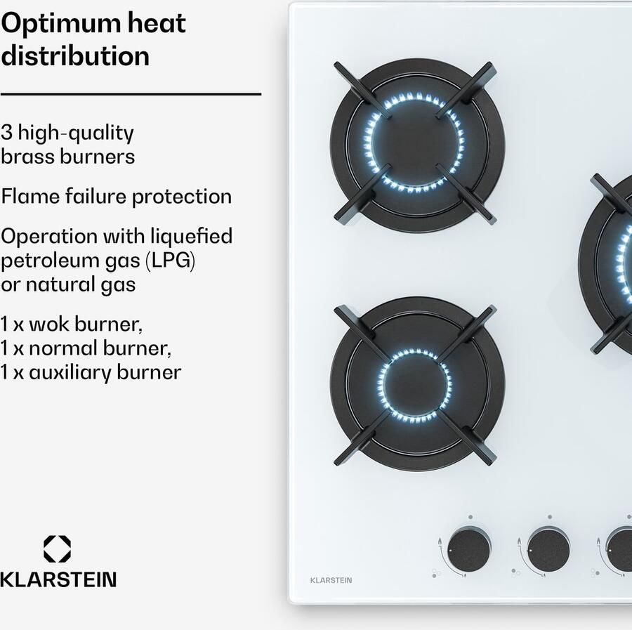 Klarstein Goldflame gasfornuis 3 branders 5800 W gehard glas en messing LPG aardgas automatische ontsteking vlambeveiliging compact 45 x 52 cm makkelijk schoon te maken slang- en regelaarset