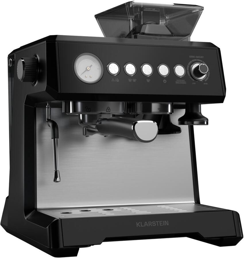Klarstein GrandPresso Siebträgermaschine Mit Mahlwerk – 20 Bar 1.350 W Integriertes Präzisionsmahlwerk Dampfdüse 2 3 l Wassertank Schwarz Tassenwärmer – geschikt voor thuisfitness en sportschoolgebruik duurzame constructie eenvoudig te monter