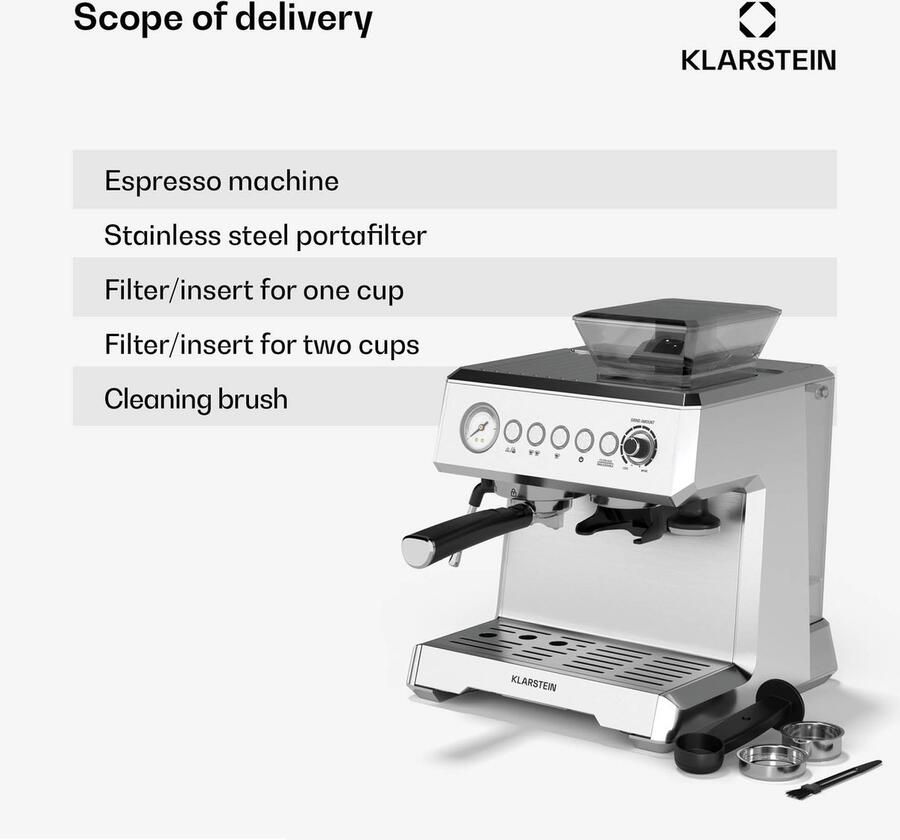 Klarstein GrandPresso Espressomachine Precisiemolen Stoompijpje Portafilter Drukindicator 20 bar Roestvrij staal Drukpomp RVS Compact Coffee Machine Koffieautomaat