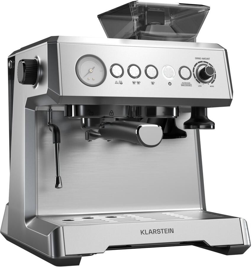 Klarstein GrandPresso Espressomachine Precisiemolen Stoompijpje Portafilter Drukindicator 20 bar Roestvrij staal Drukpomp RVS Compact Coffee Machine Koffieautomaat
