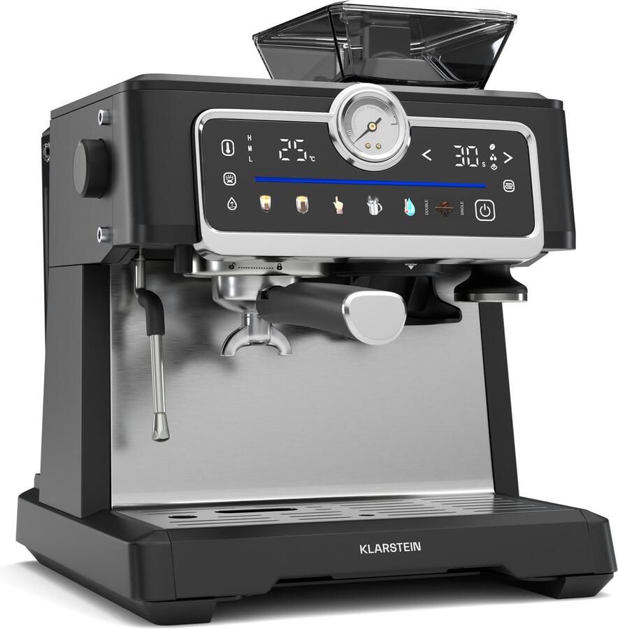 Klarstein GrandPresso Touch Siebträgermaschine Mit Mahlwerk – 20 Bar 1350 W Integriertes Präzisionsmahlwerk Touchscreen 2 3 L Wassertank Dampfdüse Edelstahl Schwarz – geschikt voor thuisfitness en sportschoolgebruik duurzame constructie eenv