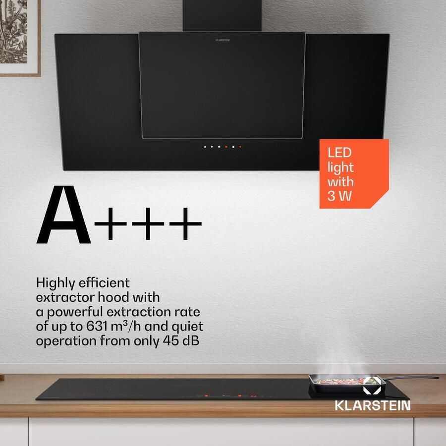 Klarstein HaloSync inductiekookplaat met afzuiging 90 cm 5 zones 11400 W boost touchslider downdraft timer kinderslot restwarmte-indicator A+++ energie keramisch glas ingebouwde afzuiging
