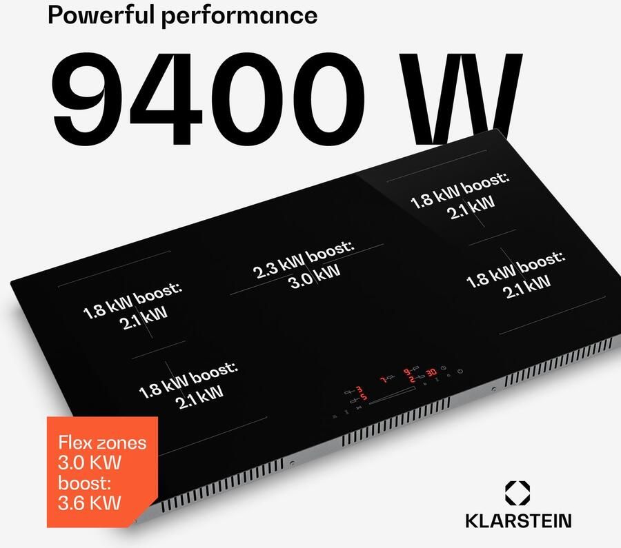 Klarstein HaloSync inductiekookplaat met afzuiging 90 cm 5 zones 11400 W boost touchslider downdraft timer kinderslot restwarmte-indicator A+++ energie keramisch glas ingebouwde afzuiging