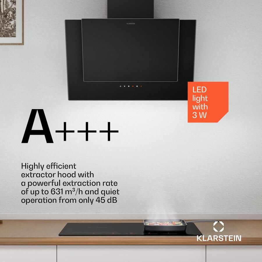 Klarstein HaloSync inductiekookplaat met afzuigkap 60 cm 4 zones 8400 W boost touchslider ingebouwde afzuigkap timer kinderslot restwarmte-indicator zwart keramisch glas