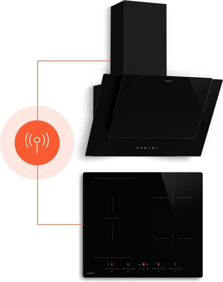 Klarstein HaloSync inductiekookplaat met afzuigkap 60 cm 4 zones 8400 W boost touchslider ingebouwde afzuigkap timer kinderslot restwarmte-indicator zwart keramisch glas