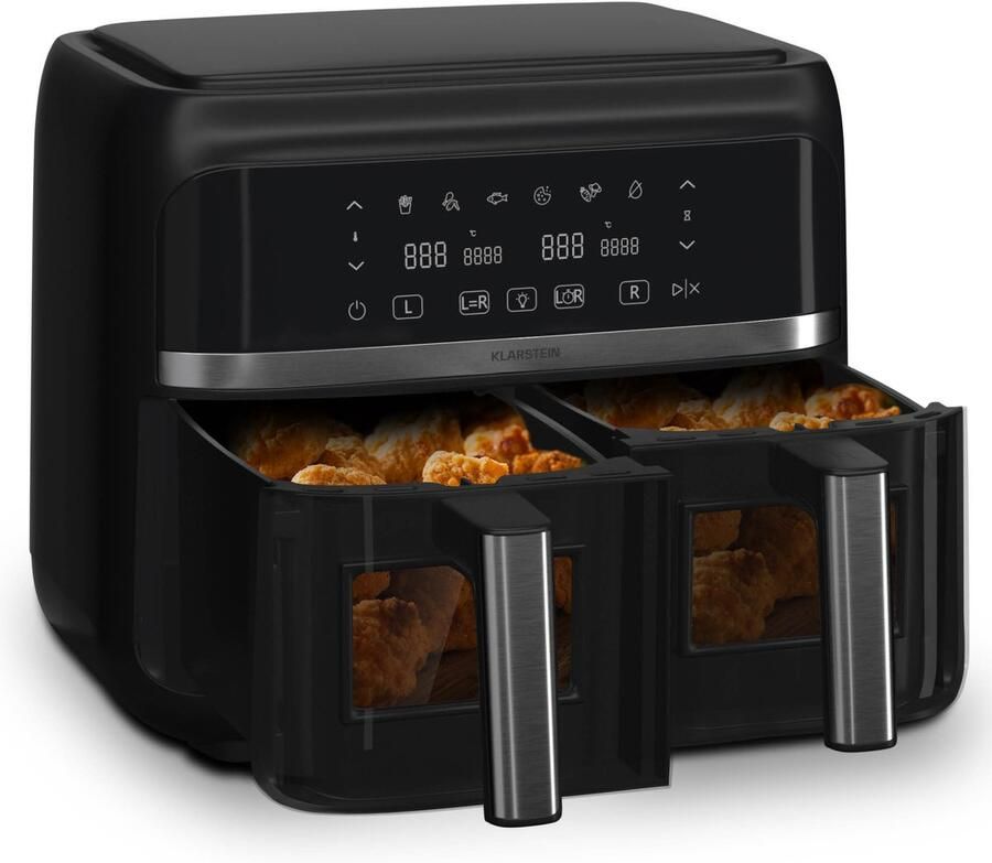 Klarstein heteluchtfriteuse airfryer met 2 kamers 1850 W compacte heteluchtfriteuse 7 6 L luchtfriteuse met touch bediening timer voorverwarmen 6 modi grote heteluchtfriteuse air fryer XL